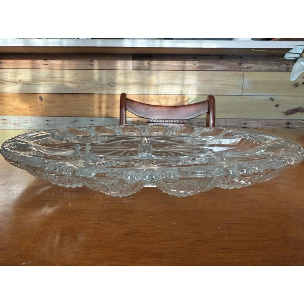 Vintage LE Smith Clear Heavy Glass Deviled 12 Egg Plate Relish Tray